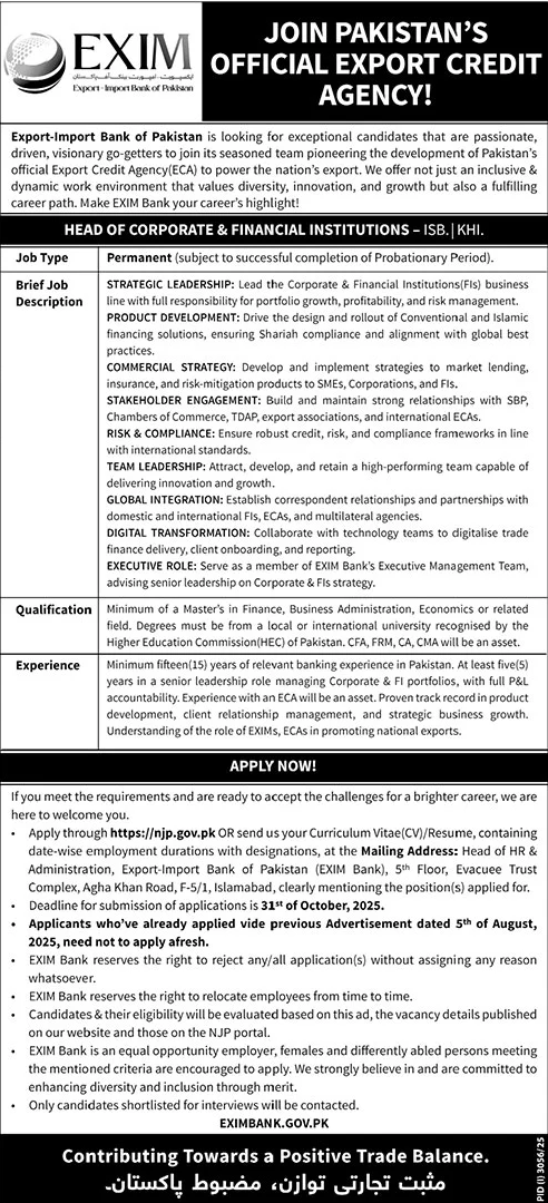Jobs in Export Import Bank of Pakistan